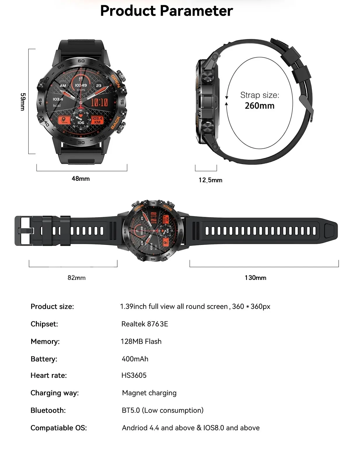 K52 Ʈ ġ    ̾  ȭ ð  ڵ   ǰ  360*360 HD ȭ  Smartwatch.