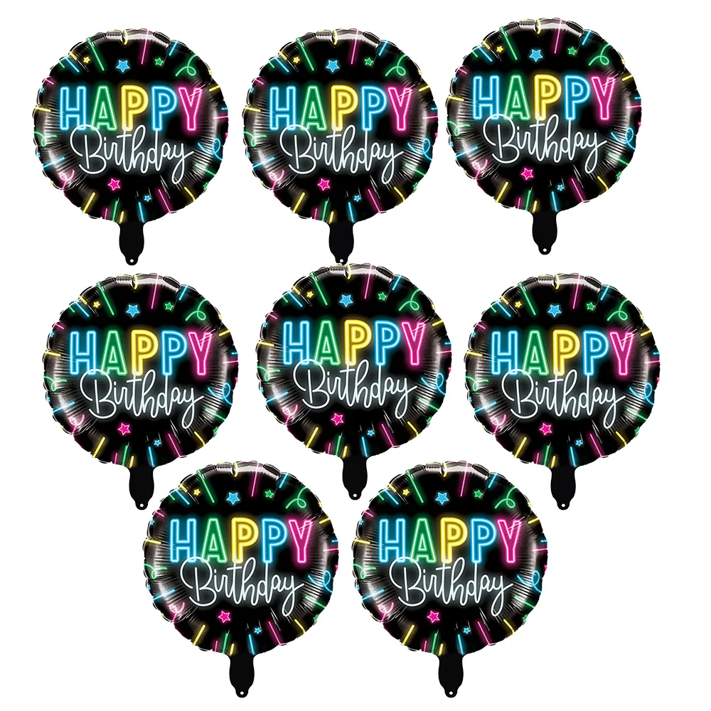 

8 PCS 18 inch Happy Birthday Neon Glow Foil Balloon 70s 80s Multicolor Round Balloon Glow Party Nightlight Birthday Party Decor