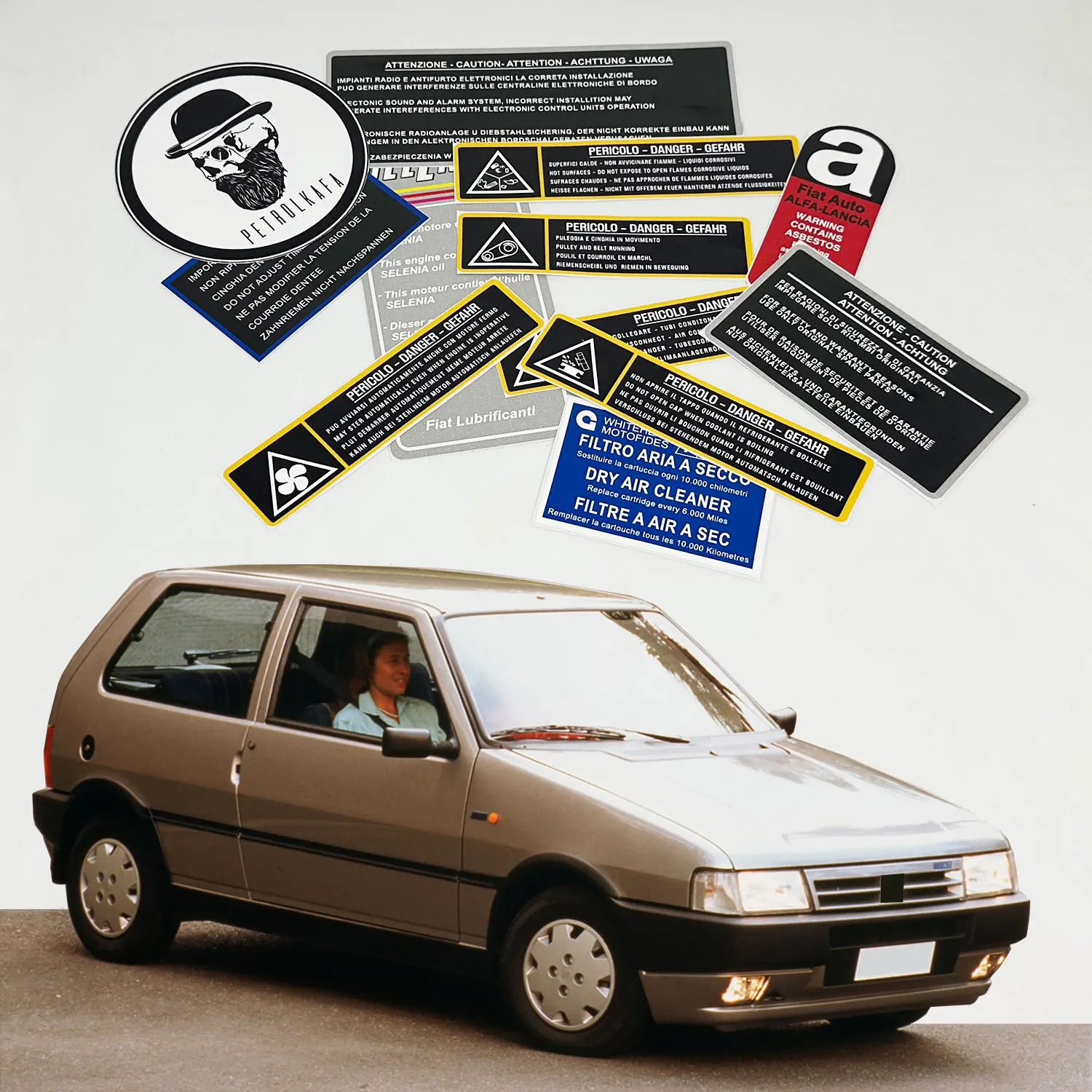 

Наклейки на двигатель FIAT UNO с предупреждением о восстановлении