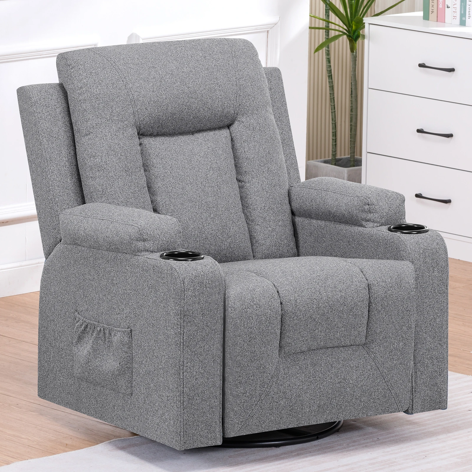 COMHOMA Relax fabric armchair for living room extendable footrest 360 ° rotary mug holders side pockets