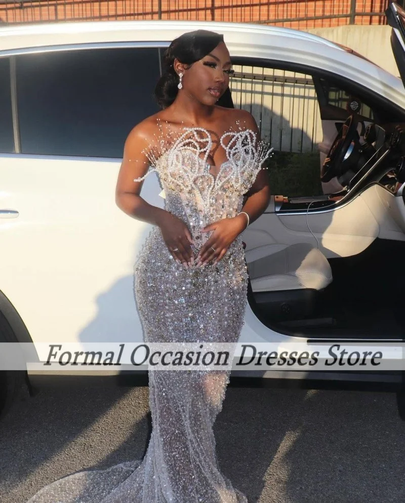 Women Prom Dresses Sparkly Sequin Beading Pearls Mermaid