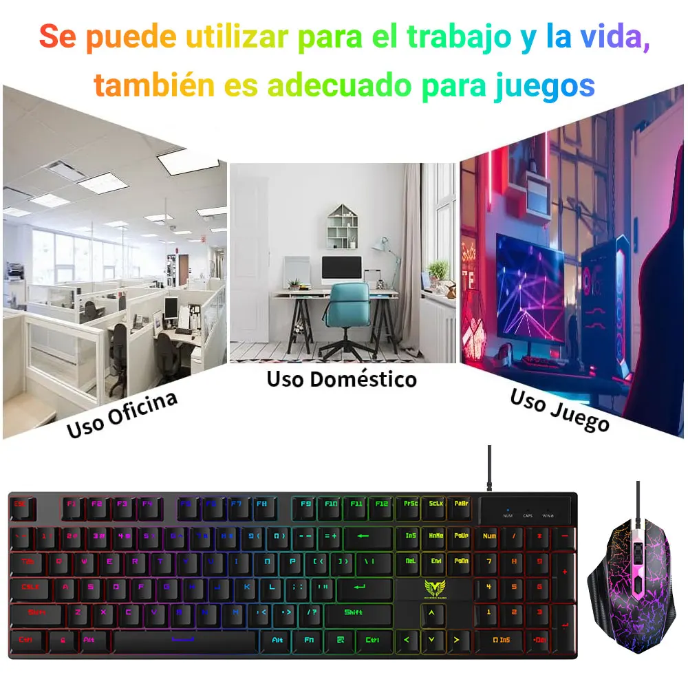 Teclado mecanico,Kit Teclado Y Mouse Alambrico Gamer Combo de Juego de Teclado y ratón (Negro),Tecnología de Mouse（4D) Optico 2 Botones + Scroll 800-2400 dpi, Teclado 105 Teclas
