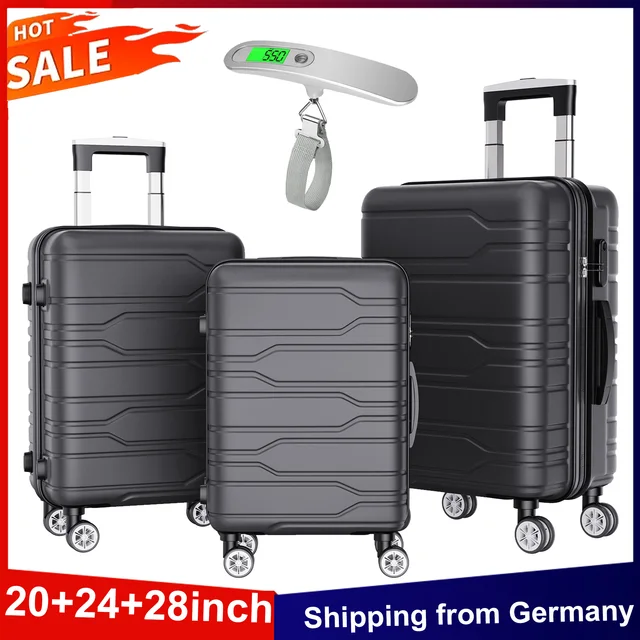 Anajqaqia Ensemble de valises 3 en 1 20 + 24 + 28 pouces, avec serrure TSA et 360 °   Roues et balances, ensemble de bagages à main pour chariot de voyage à coque rigide, noir 1