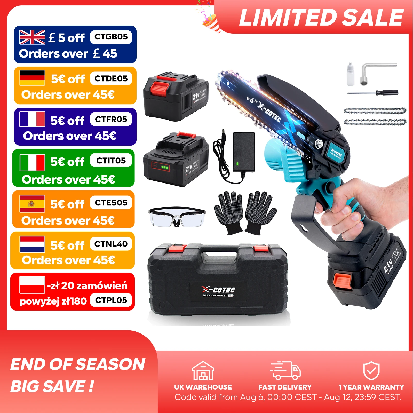 X-COTEC 6 Inch Chainsaw Cordless, 500W Brushless Electric Saw, Handheld Pruning Saw Portable, 2x4000mAh Battery, Garden Tools
