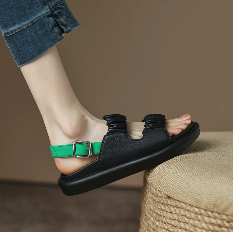 Women Slingback Sandals Genuine Leather Mixed Color Summer Square Low Heel Buckle