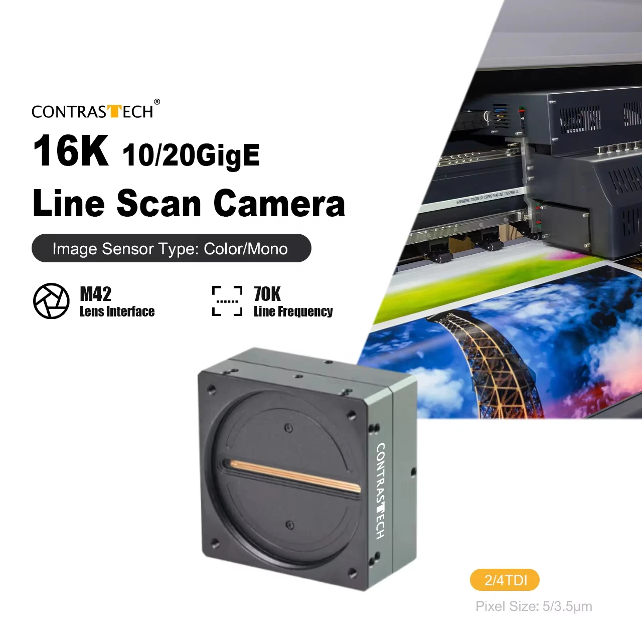 8K/16K 5μm TDI 라인 스캔 카메라 20GigE 광섬유 고속 150kHz M72/M90 산업용 비전 프린팅 날짜 검사용