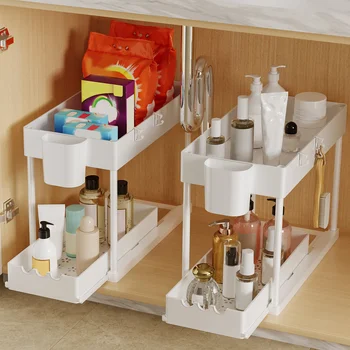2Pcs 2-Tier Sliding Cabinet Organizer, Pull-Out Under Sink Rack, Double-Layer Storage Shelf for Kitchen & Bathroom 1