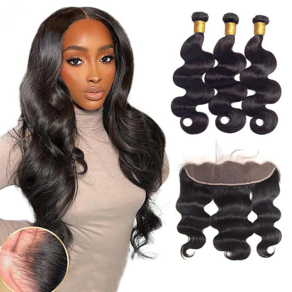 Body Wave 100% Human Hair Bundles With Frontal Brazilian Bundles With 13x4 Frontal Human Hair Weave Extensions 3 #1B