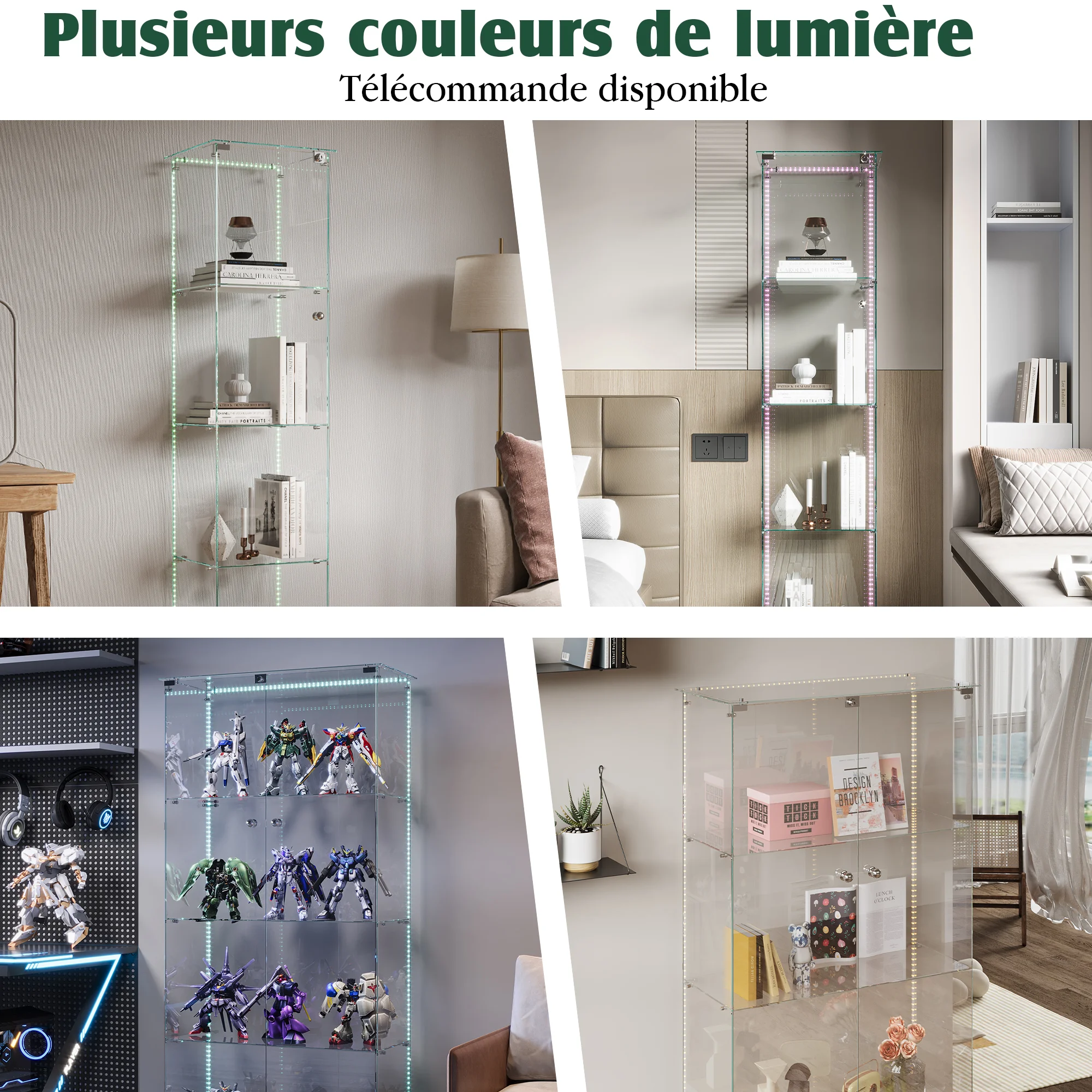 Glasvitrine, 39,8 x 35 x 163 cm, LED-Lichtleiste, abschließbar, moderne transparente Vitrine, 4 Regale, ohne Rollen – Detail 1