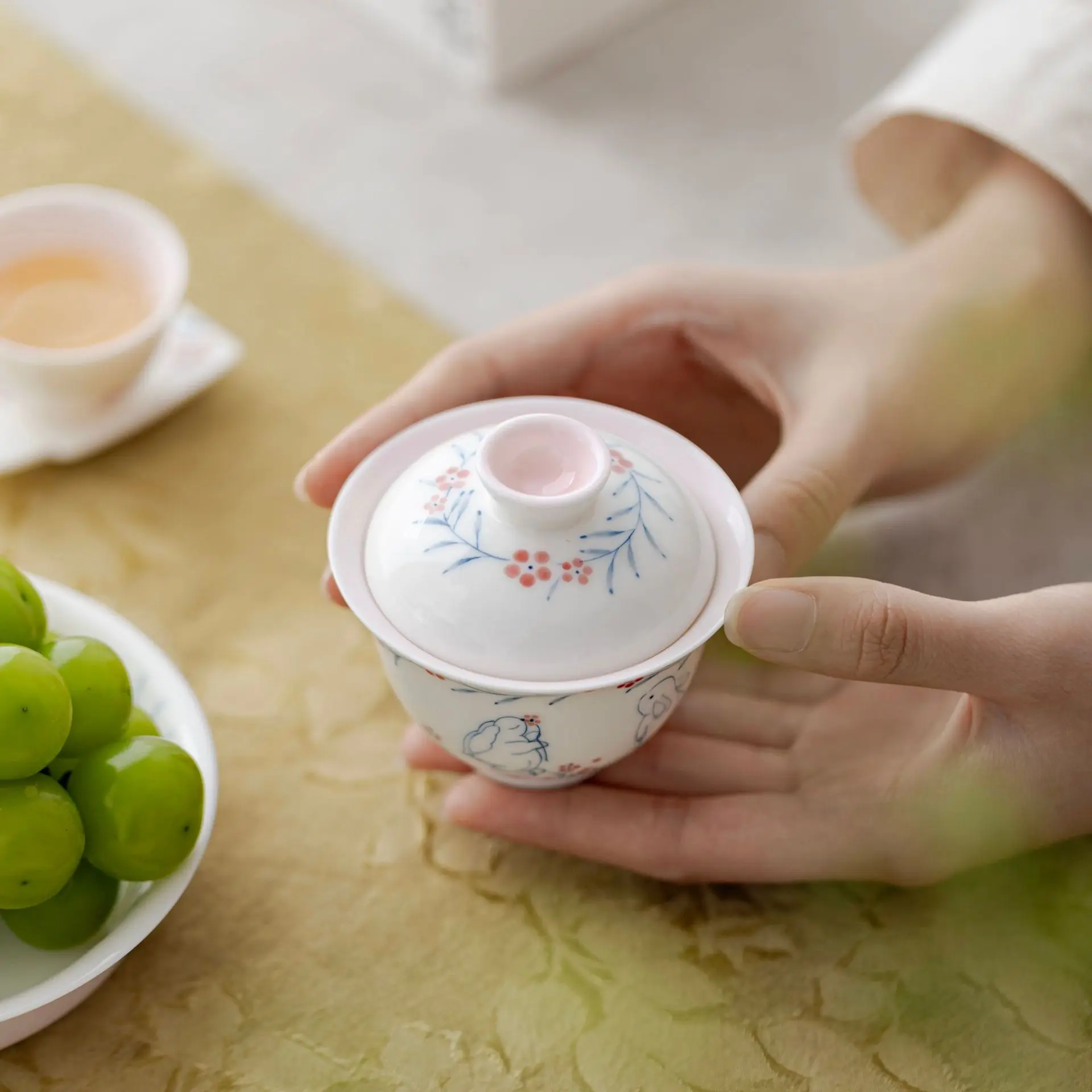 90ml Hand Painted Rabbit Gaiwan Set For Tea Chinese Small Tureen Pink Tea Bowl Kung Fu Chawan Cups Lily Deng's Store