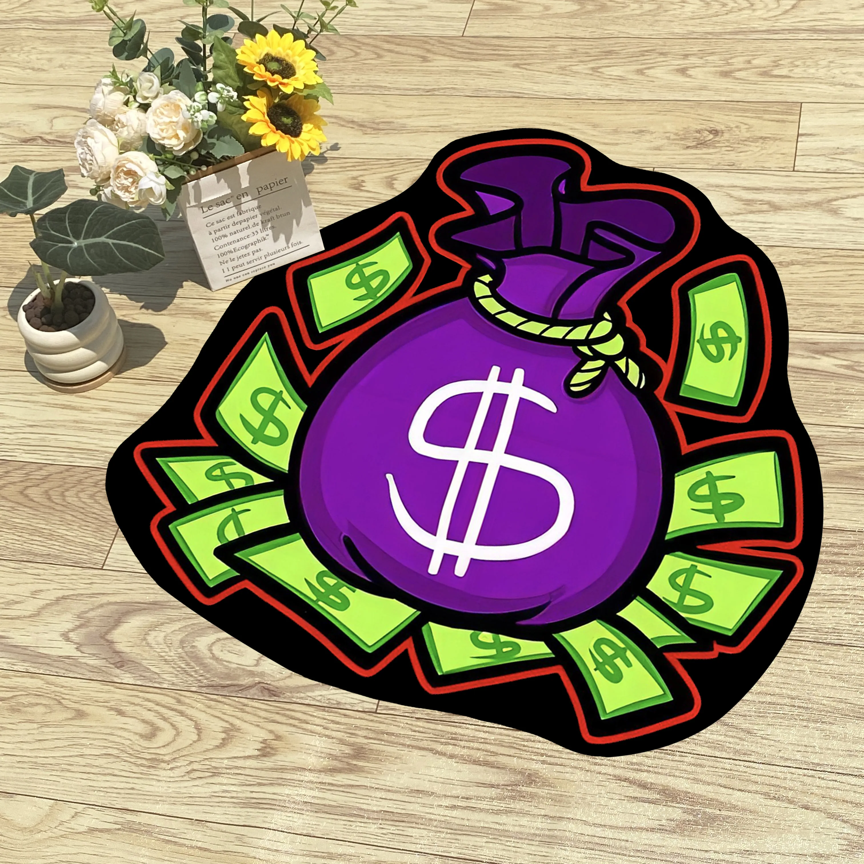 

Purple Money Bag with Green Banknotes Soft Rug Flannel Digital Printing Technology Housewarming Gift Custom Non-slip Carpet