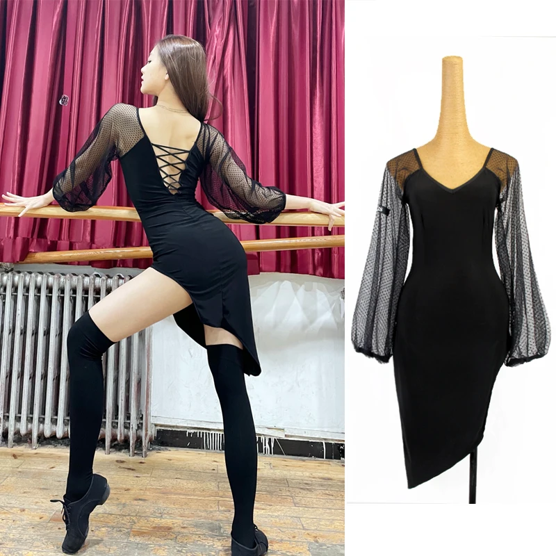 

Female Latin Dance Clothes Lace Long Sleeve Practice Black Clothing Professional Latin Competition Dress Samba Outfits DQL6296