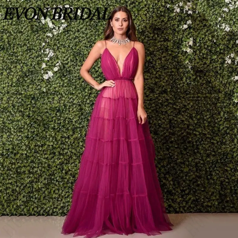 

EVON BRIDAL A-Line V-Neck Evening Dresses Spaghetti Strap Sleeveless Tulle Prom Gowns Formal Occasion Custom Made Robe De Soiree