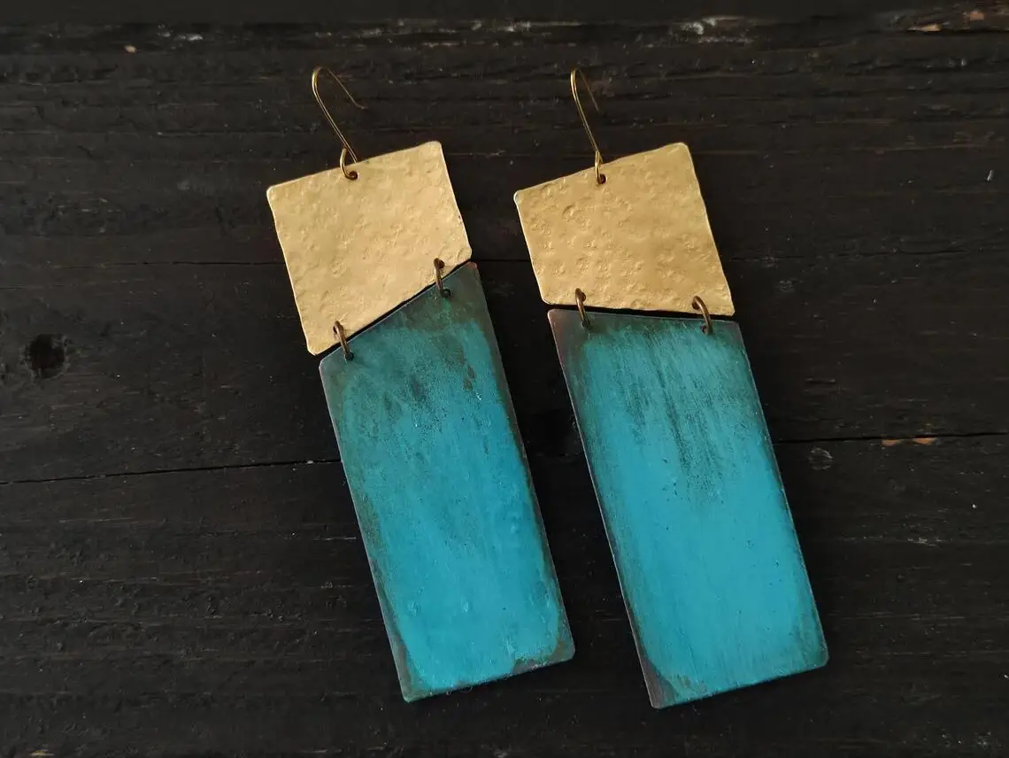 

Long patina earrings, Geometric brass earrings, Vintage earrings, Brass earrings, Bohemian earrings, Ethnic earrings, Hippie Ear