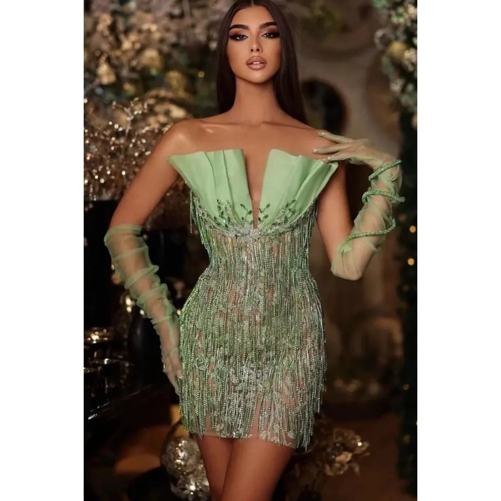 

Light Green Fashionable Strapless Slim Fit Mini Dress 2023 Rayon Twisted Tassel Decorated Celebrity Reunion Party Dress