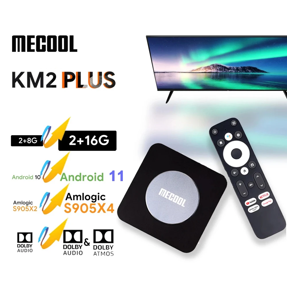 

ТВ-приставка MECOOL KM2 Plus, Android 11, Google Assistant, Amlogic S905X4, 2 Гб DDR4, 16 ГБ, 4K, домашний медиаплеер, ТВ-приставка