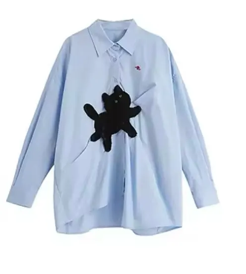 TOYOUTH Women Blouse Shirt  Autumn New Lyocell Black Cat Patchwork Embroidery Long Sleeve Cotton Office Lady Blusa Tops photo review