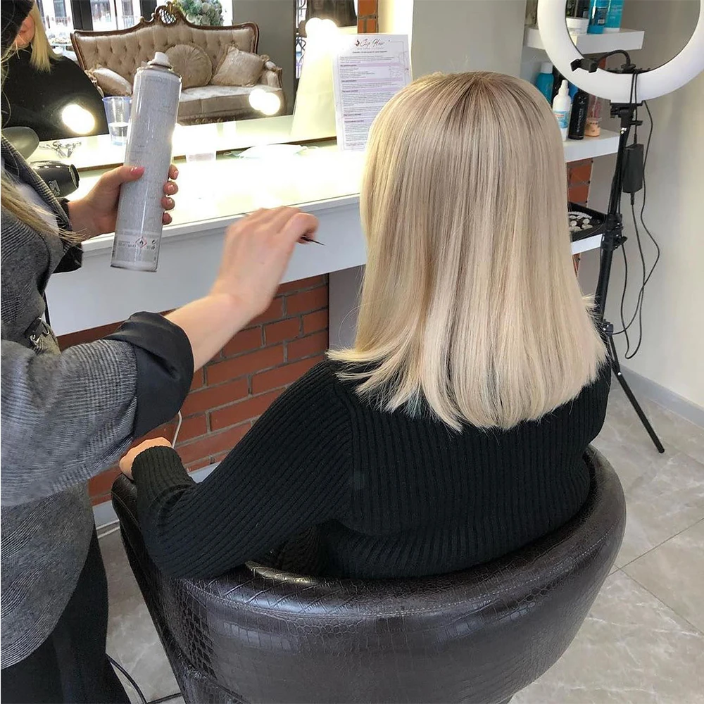 New in Cute Bob Wig Honey Blonde Ash Roots Melting Straight Lace Frontal Wigs with Bangs Brazilian Human Hair for Women Glueless