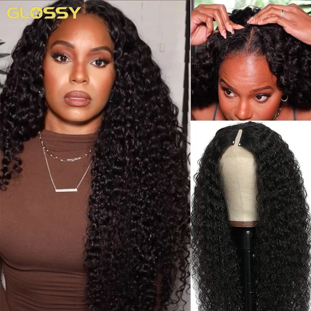 Human Hair Wig, Human Hair Wigs, Curly V Part Wig Human Hair No Leave Out Glueless U Part Human Hair Wigs for Women 250% Brazilian Deep Wave Frontal Wig