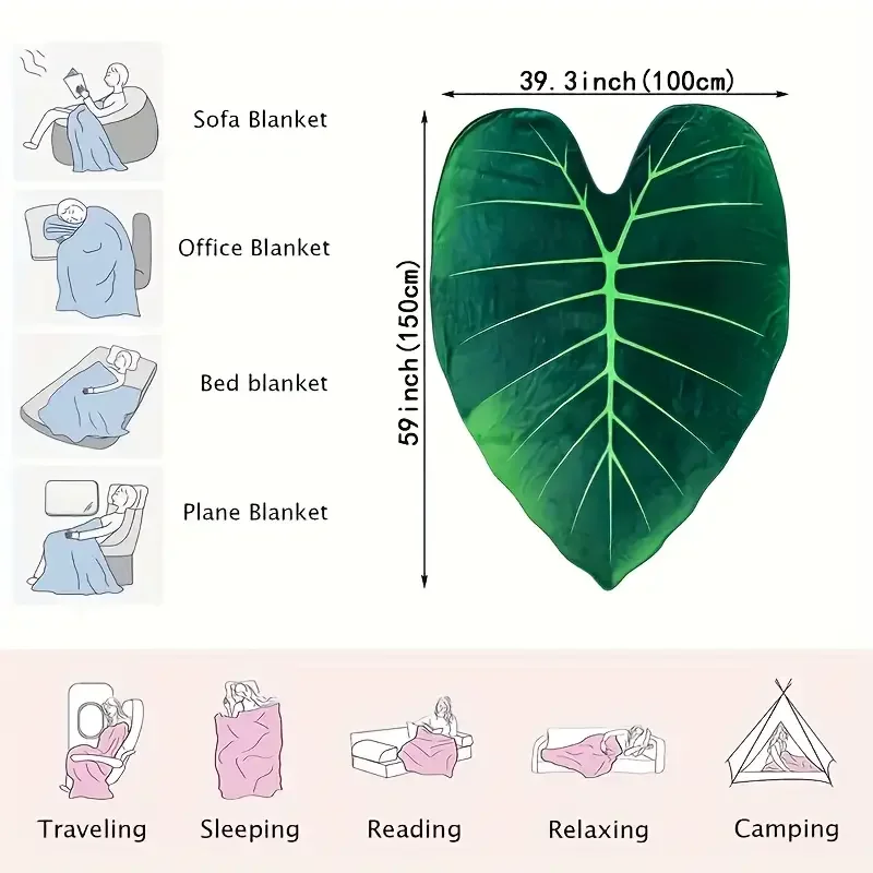1pc Flannel Blanket, Leaf Shaped Green Leaf Blanket, HD Digital Printed Blanket, Warm Cozy Padded Blanket For Sofa, Bed, Couch 5