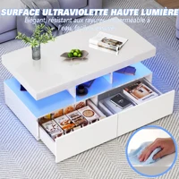 Table Basse Rectangulaire avec éclairage LED, Table Basse Haute Brillance Moderne, Table d'appoint Table de Salon avec Etagère Ouverte et 2 Tiroirs, 104x53x46 cm 3