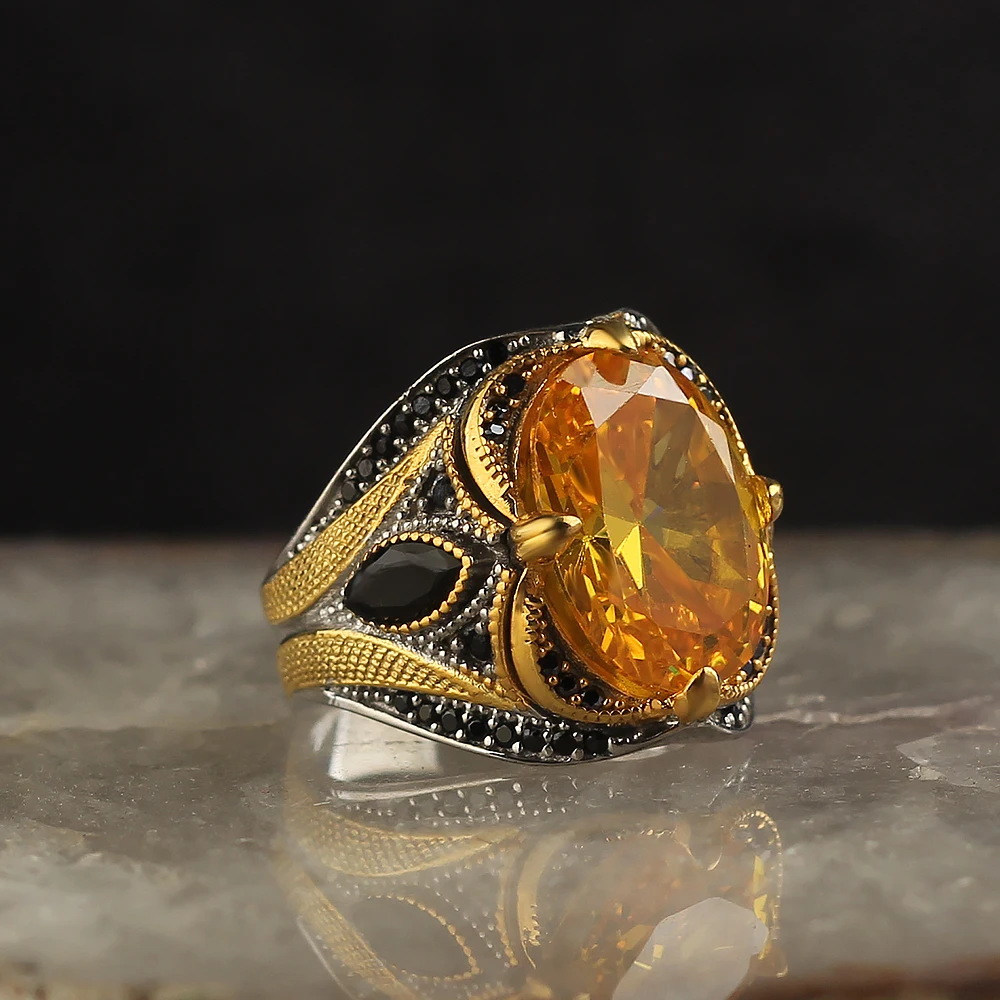 

925 Sterling Silver Ring Beauty Oval Citrine stone Rhodium & gold plated 19gr luxurious style High quality gift for men jewelry