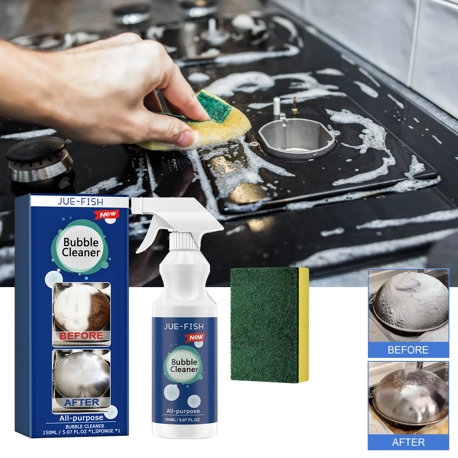 Jue-Fish Grease Remover Cleaning Spray Kitchen Heavy Oil Stubborn Dirt Clean Cookware Machine Cleaning Foam Spray With Sponge