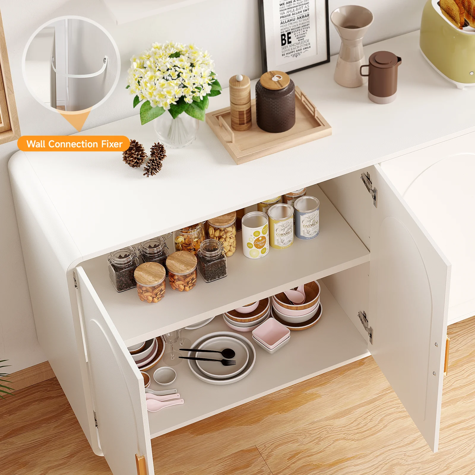 60" Sideboard Buffet Cabinet with Storage, Curved Design Cabinet with 4 Doors & Adjustable Shelves Modern Console Table 3