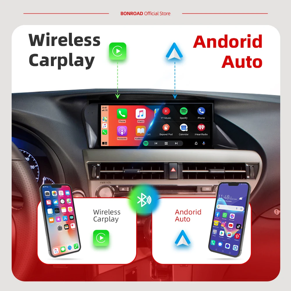 BONROAD 12,3 pulgadas Android 14 Radio de coche reproductor Multimedia inalámbrico Carplay para Lexus RX RX270 RX350 RX450 RX200T RX450H 2009-2015 5
