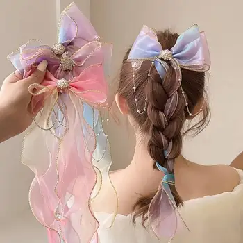 Baby Girls Cute Elegant Mesh Bow Ribbon Clips With Faux Pearl Tassel Decoration Hair Accessories For Party Performance