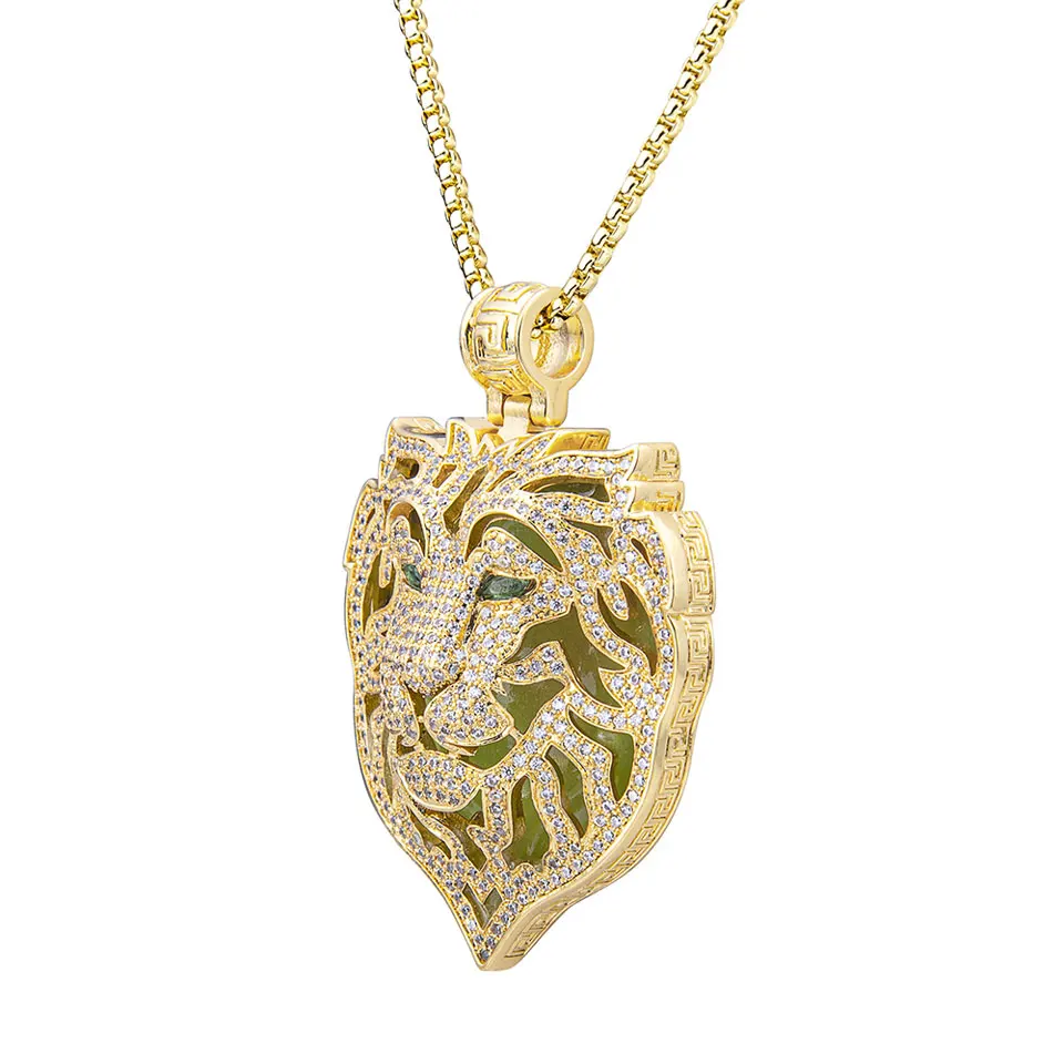 VANAXIN Hip Hop Iced Out Green Eyed Big Tiger Head Pendant CZ