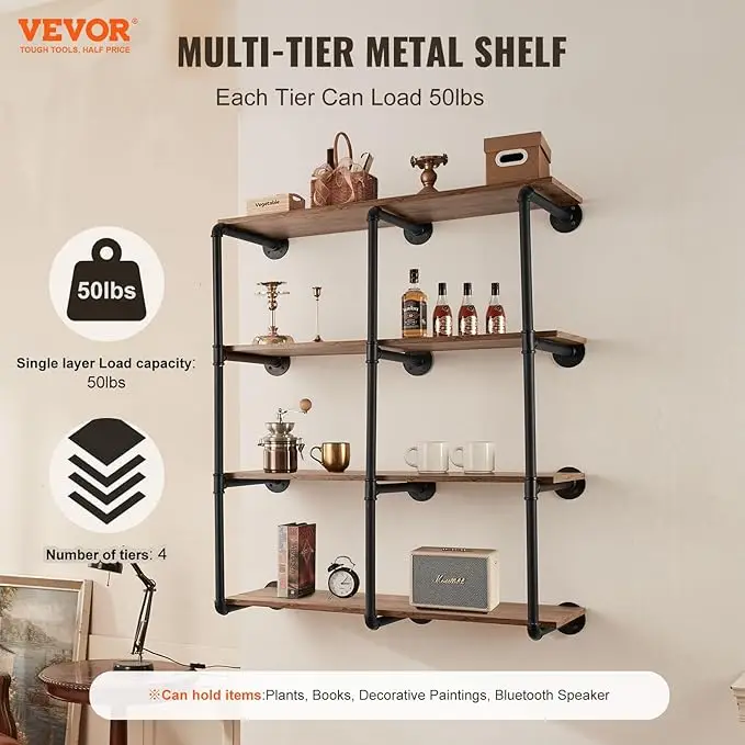 4-Tier Industrial Pipe Shelf, Wall-Mount Floating Design, Rustic Wood Shelves for Kitchen, Bedroom, or Bathroom Storage (Planks 4