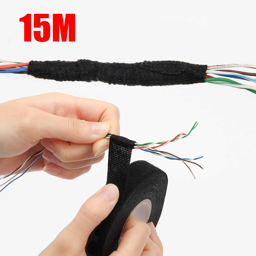 15 Meter Heat-resistant Fabric Electrical Tape Black Adhesive Insulating Cloth Tape for Car Cable Harness Wiring Loom Protection