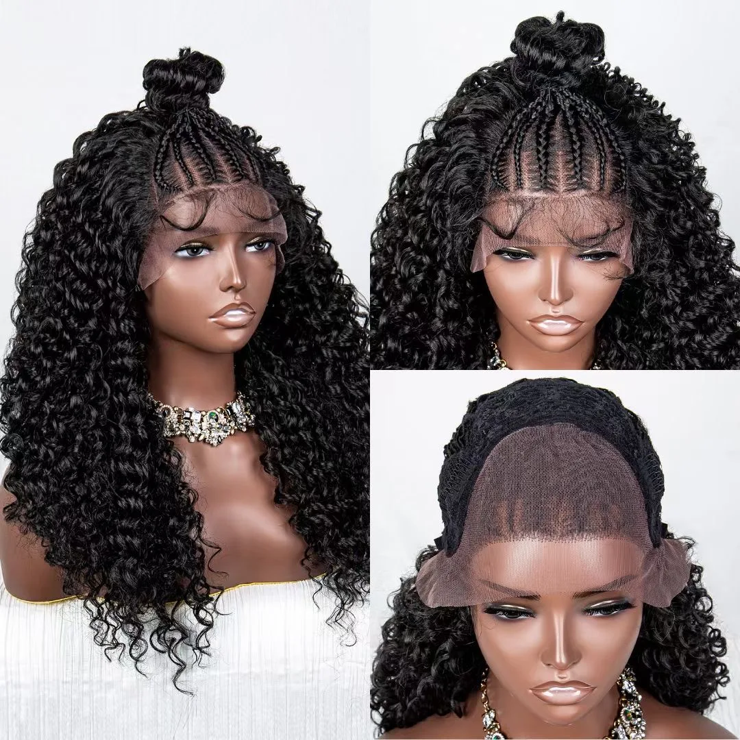 

24 Inches Braided Curly Wigs Synthetic Hair Lace Front Wigs with Bun Baby Hair Natural Hairline Curl Braids Wigs for Black Women