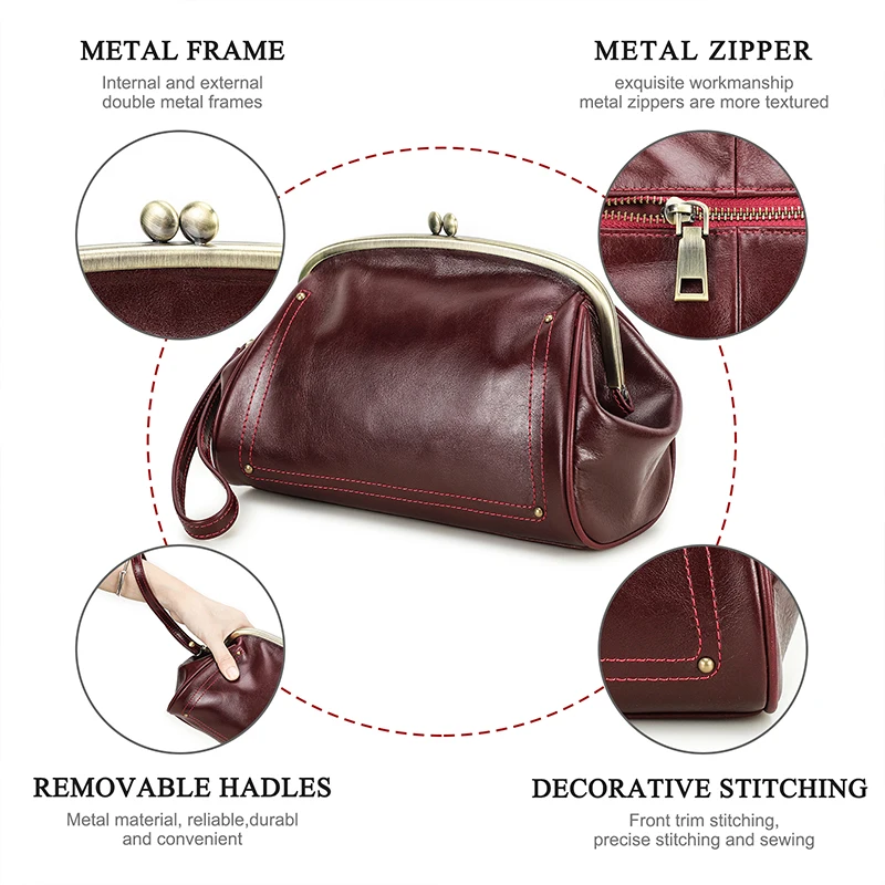 Genuine Leather Women Clutch Wallet Kiss Lock Design Luxury Female Purse Handbag Large Capacity Long Wallet Bag Phone Pocket 5