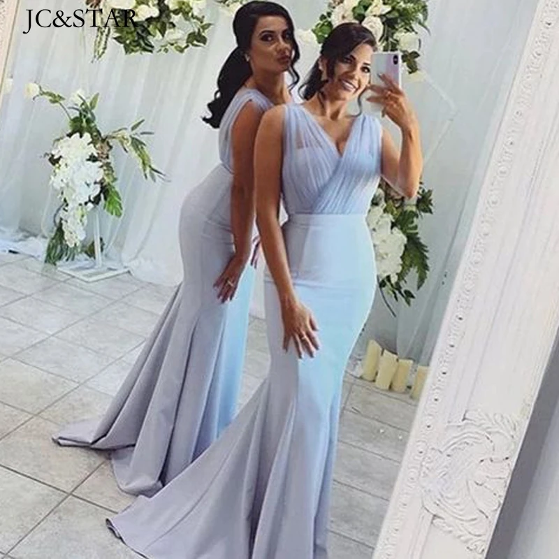 

Light Blue Sexy Mermaid Gauze Satin Wedding Party Dress V Neck Simple Pleats Bridesaid Dresses Long Even Gowns Free Deliver