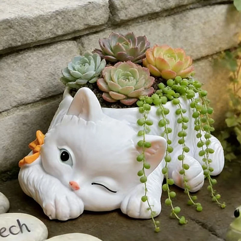 Kreativer Zwinkernder Katzen-Keramiktopf für Sukkulenten Niedlicher Tierförmiger Blumentopf mit Fliege für Heim Garten Balkon Deko Geschenk
