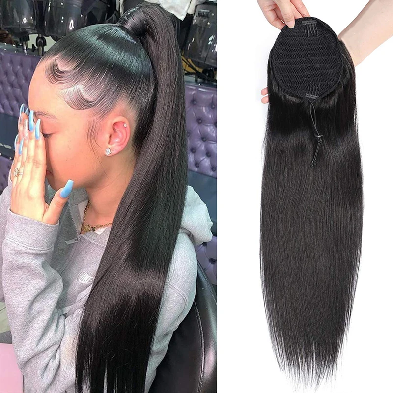 Drawstring Straight Ponytail Natural Black Virgin Human Hair Extensions Long Hair For Women Extensions human hair extensions