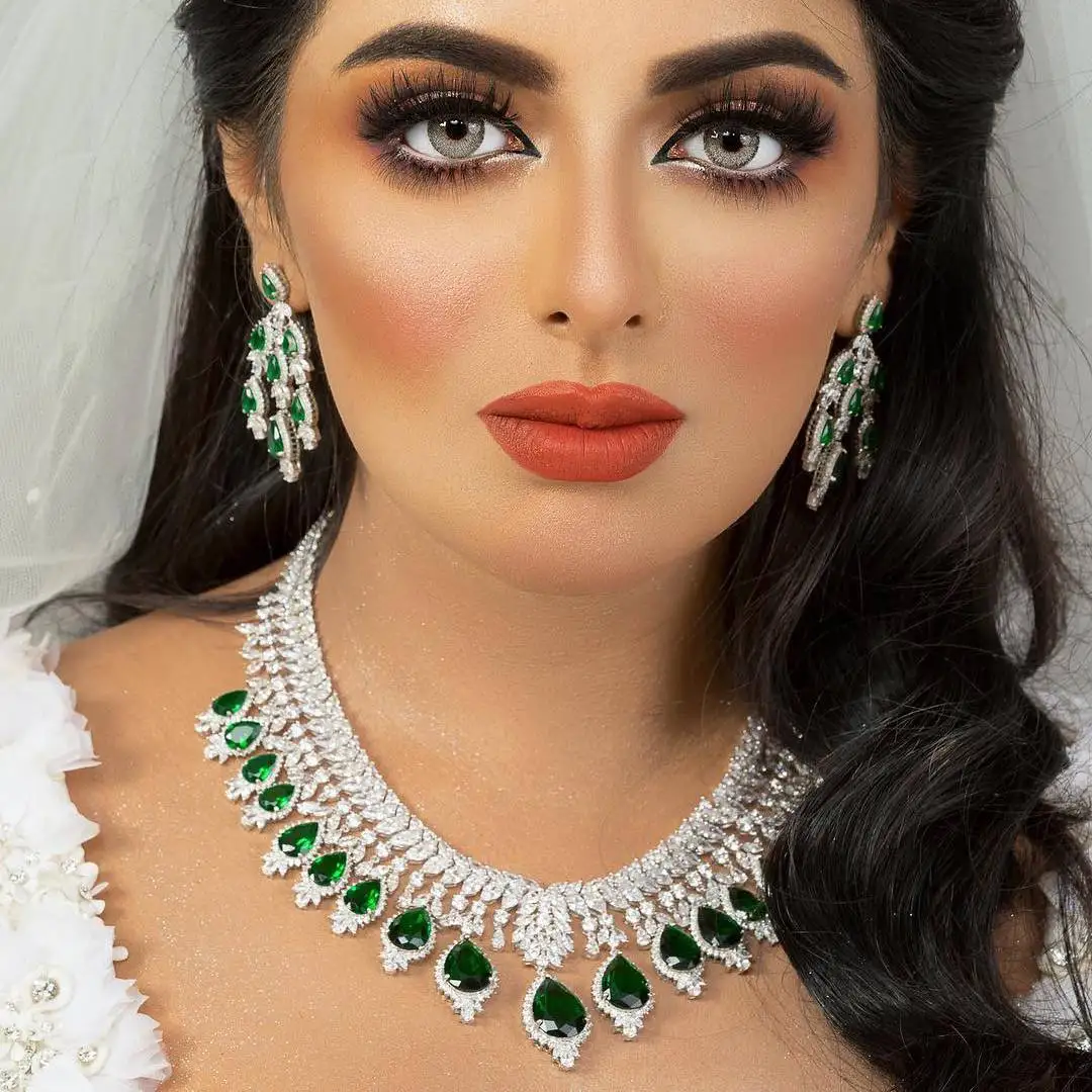 

Super Luxury Green Cubic Zirconia Wedding Bridal Jewelry Set Drop Pendant Necklace and Earrings 4pcs Full Sets Bride Accessories