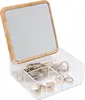 3-compartment organizer with bamboo lid. Includes mirror, clear design. For jewelry or cosmetics. 1