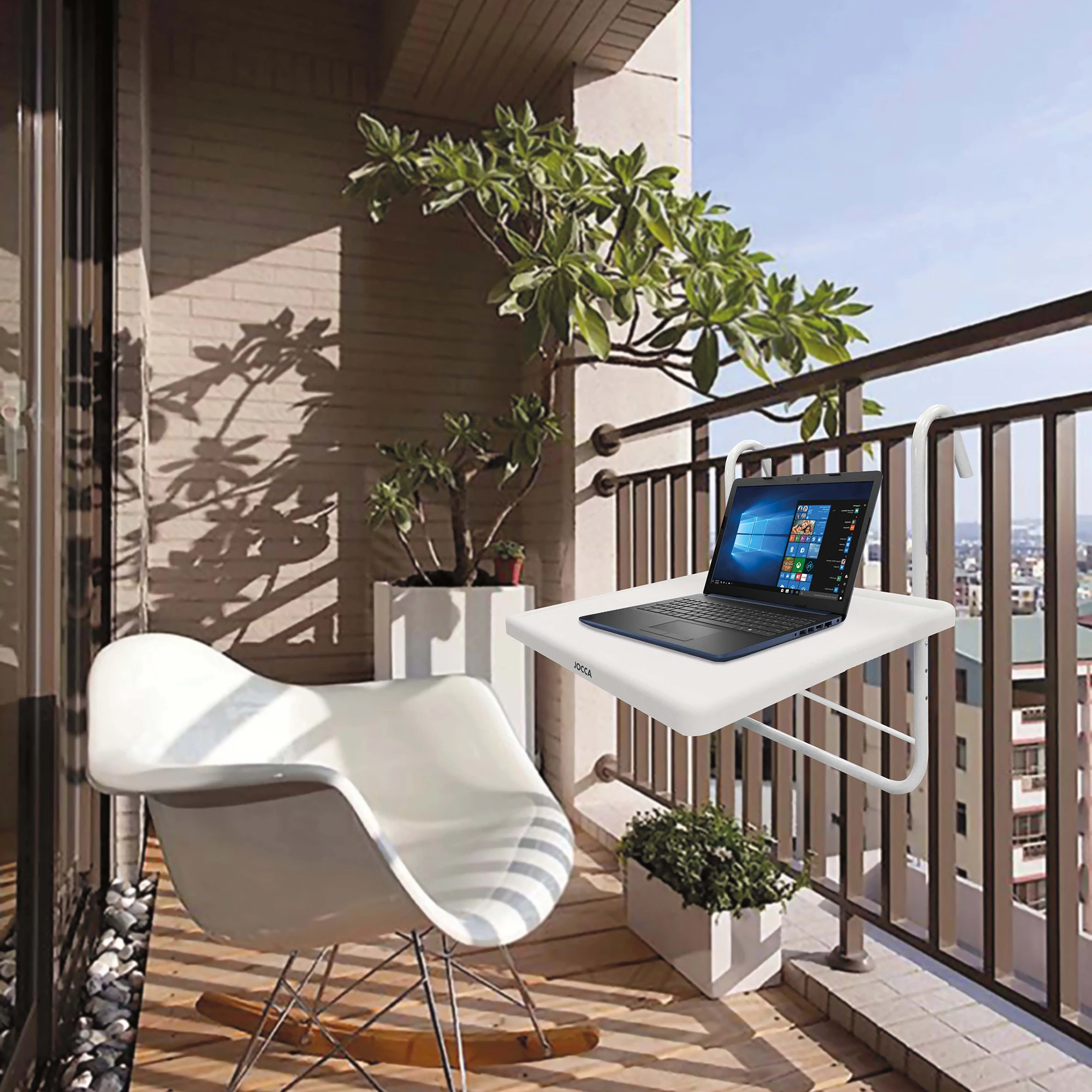 Table pour main courante JOCCA. Meuble de balcon moderne, pliable,  suspendu, robuste et réglable. Bar d'extérieur SIMPLE. Étagère idéale pour  la lecture, l'ordinateur d'appoint ou le petit déjeuner.