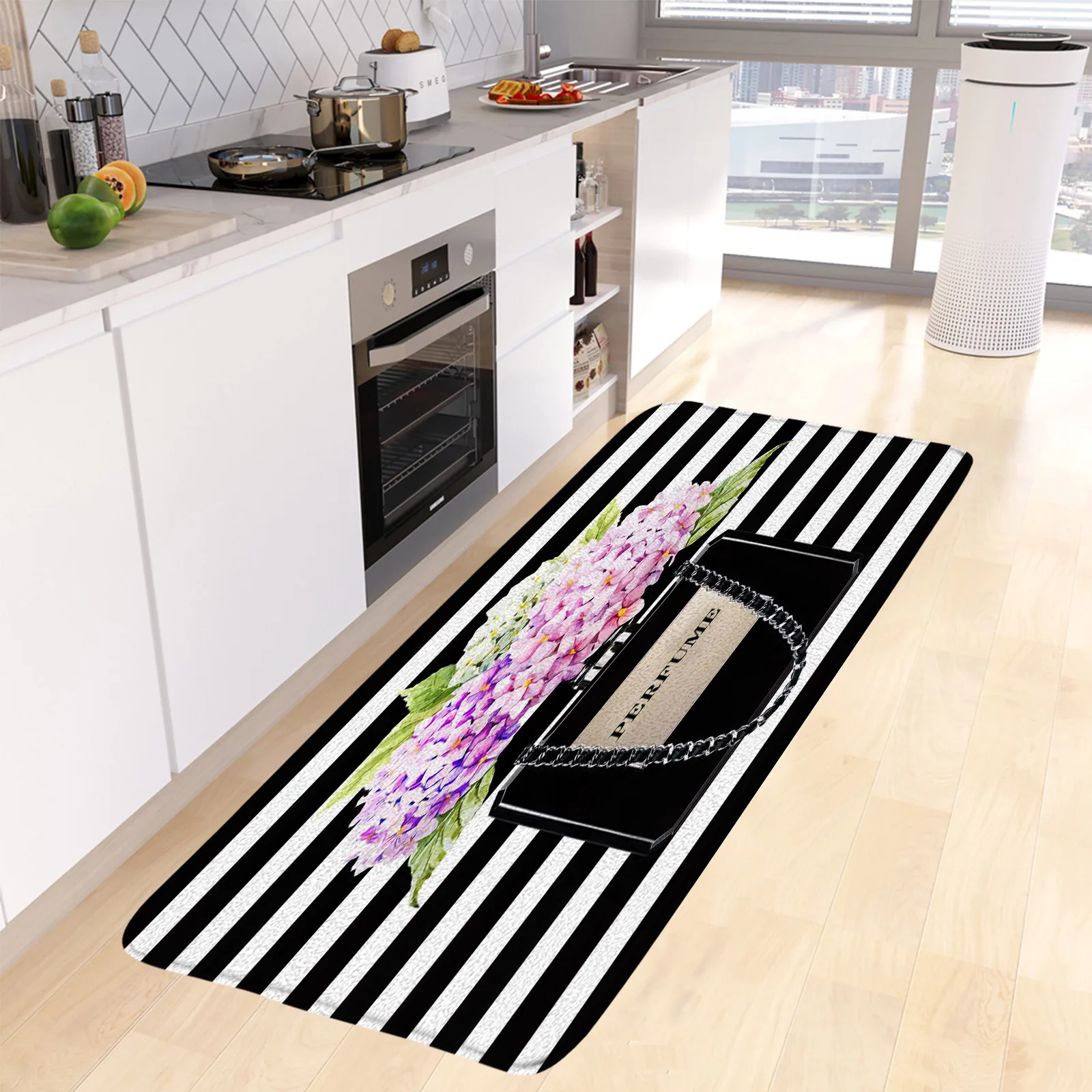 Perfume Kitchen Floor Mat Set High Heel Pink Flowers Butterfly Black White Striped Long Carpet Home Decor Non-slip Rug Bath Mats