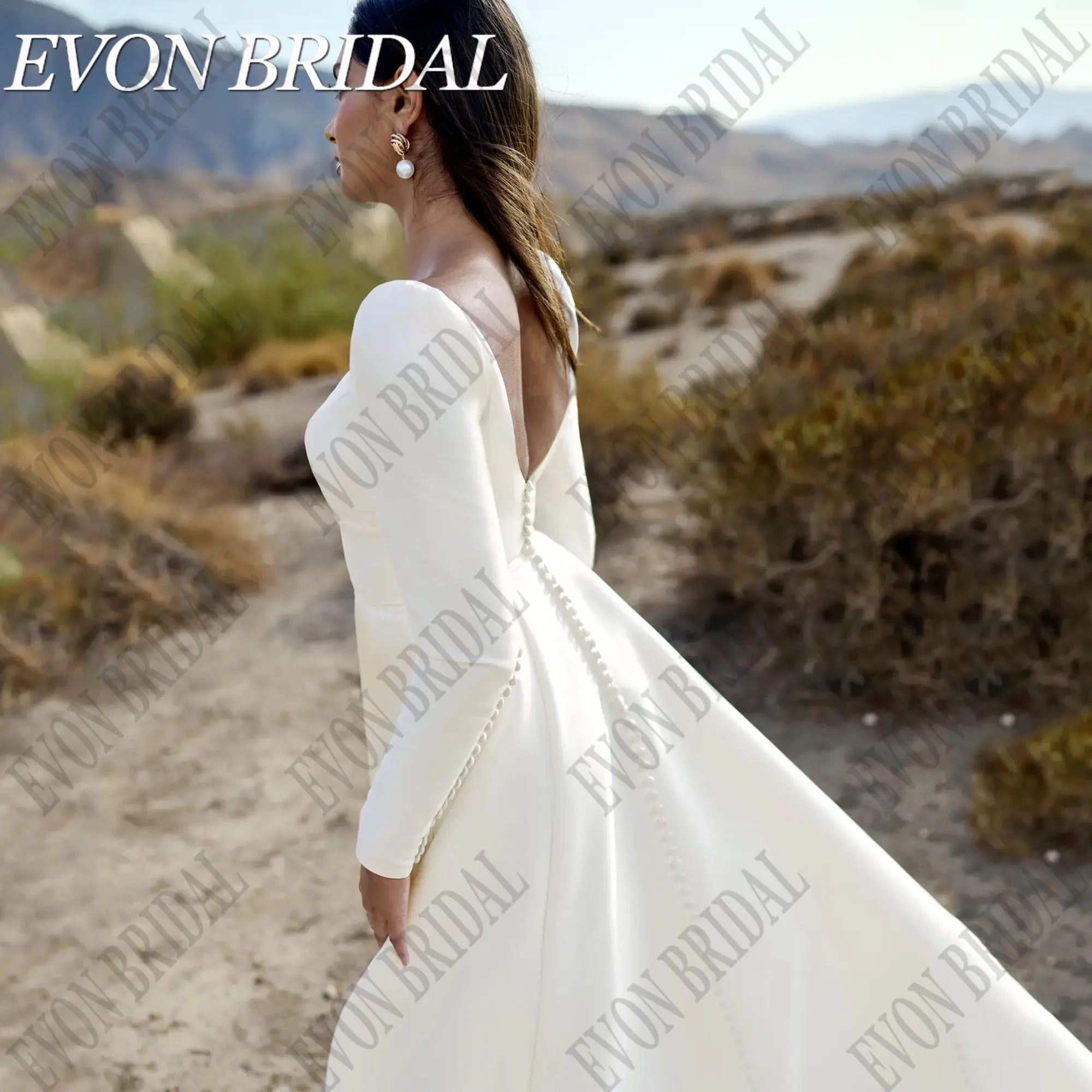 Plus size wedding dress open back satin bridal gown long sleeve sweep train