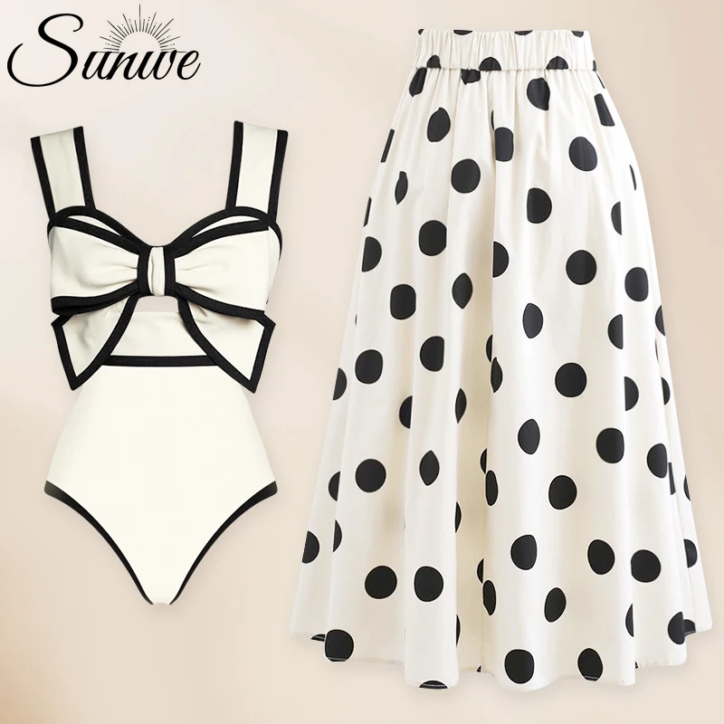 Sunwe Black White Retro One Piece Swimsuit Women Bow Tie Swimwear with Skirt Bathing Suit Monokini Beach Bodysuit Beach Wear