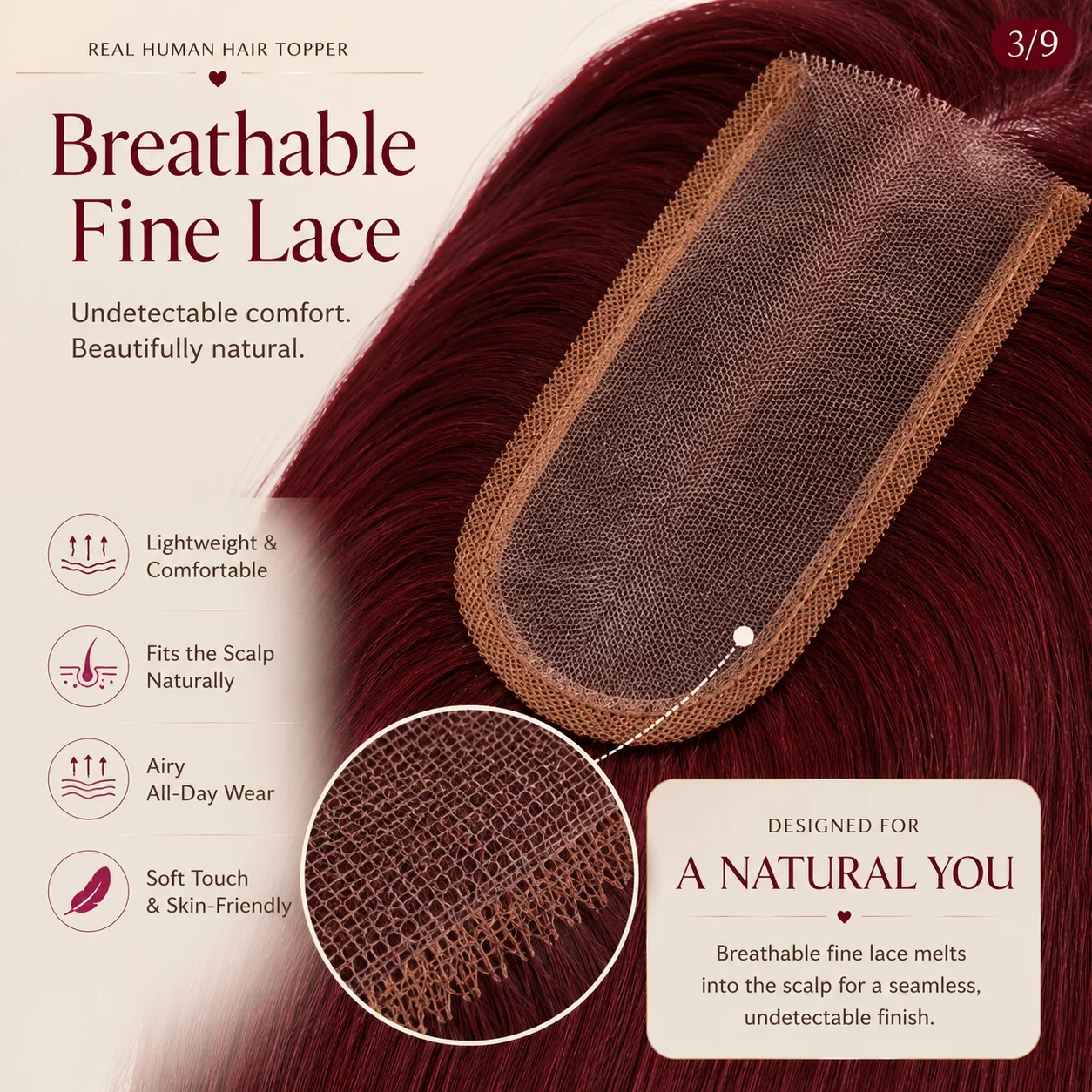 TUW22 Topper per capelli rosso ciliegia in PU, per donne con capelli diradati, pezzo di capelli umani per persone con perdita di capelli, topper in capelli umani - immagine 3