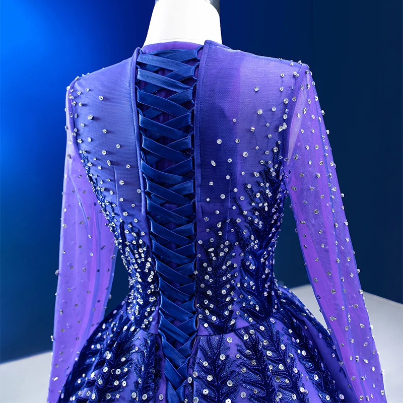 Exquisite Long One-Piece Dress Gown Organza Ball Gown O-Neck Full Sleeves Evening Dresses Sequined RSM222204 Vestidos De Noite 6