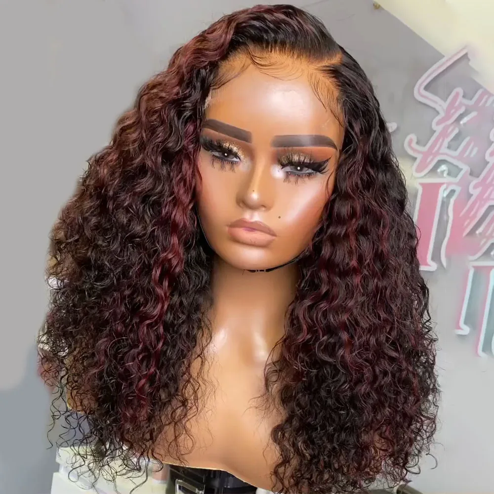 Highlight 30inch 250% Density Burgundy Curly Ombre 1b/99j 13x4 Transparent Lace Frontal Human Hair Glueless Wigs Ready To Wear