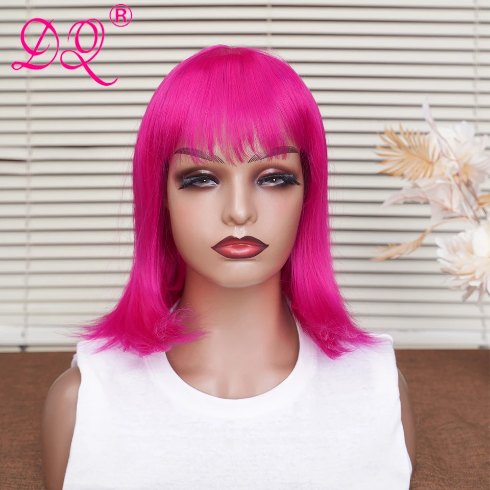 

Silk Straight Hair Hot Pink Colored Wigs for Women Synthetic Wig with Air Bangs Beginner Halloween Cosplay Party Hair Style