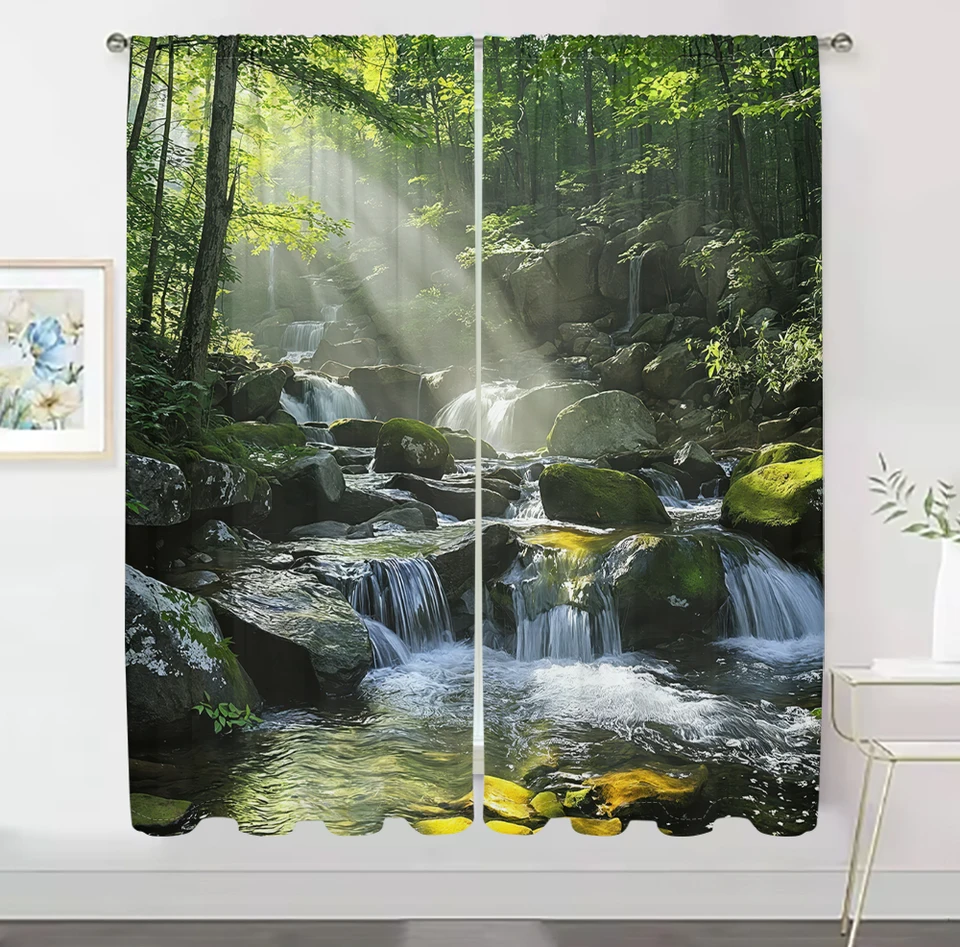 2Pcs 3D Mountain Stream Nature Curtains