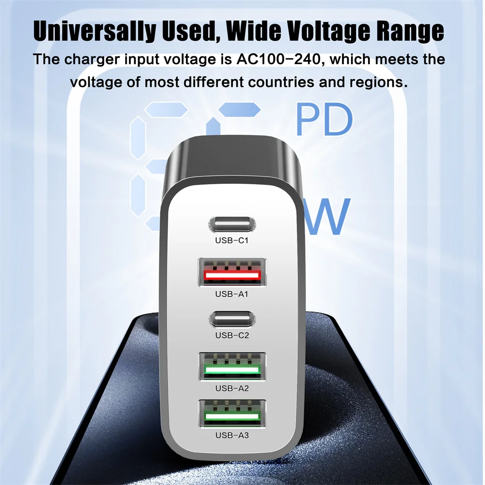 65W 5 Ports Fast Charging Charger USB C PD Quick Charger High Speed Charger Phone Type C Wall Adapter for iPhone Samsung Xiaomi